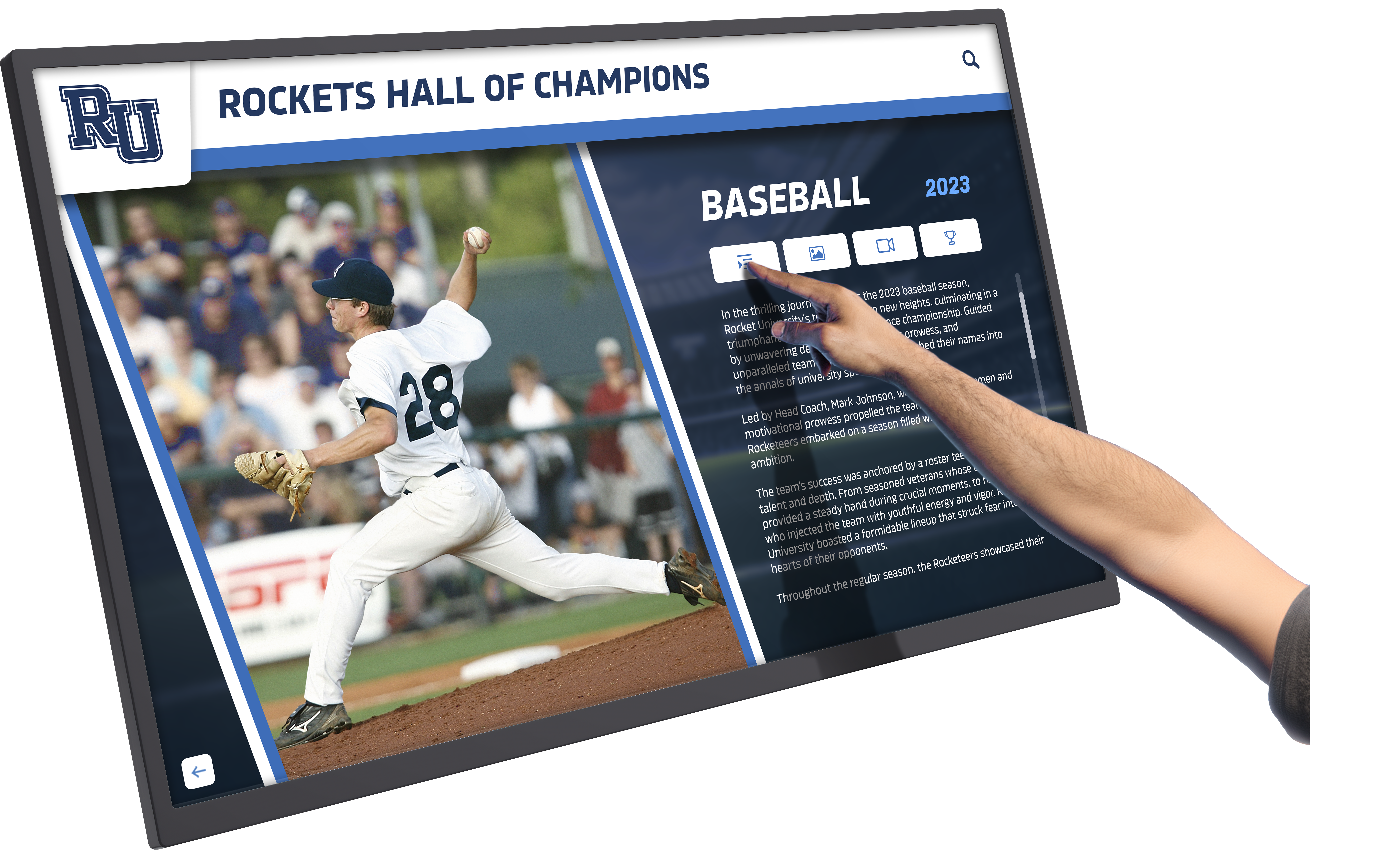 Student interacting with achievement display Interactive display