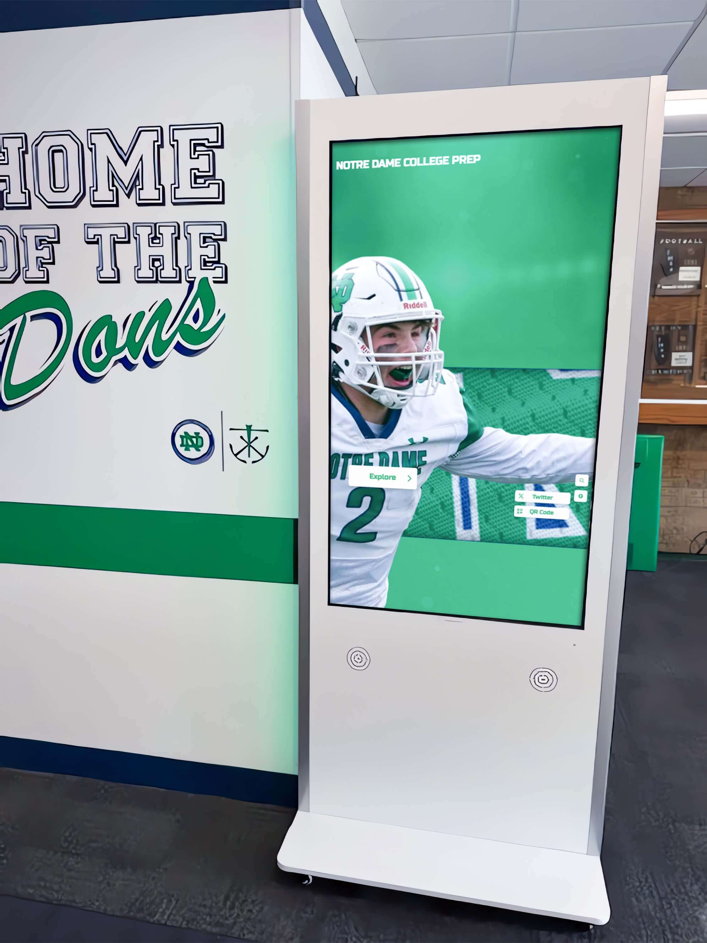 Sleek touchscreen kiosk in school hallway Modern digital recognition kiosk