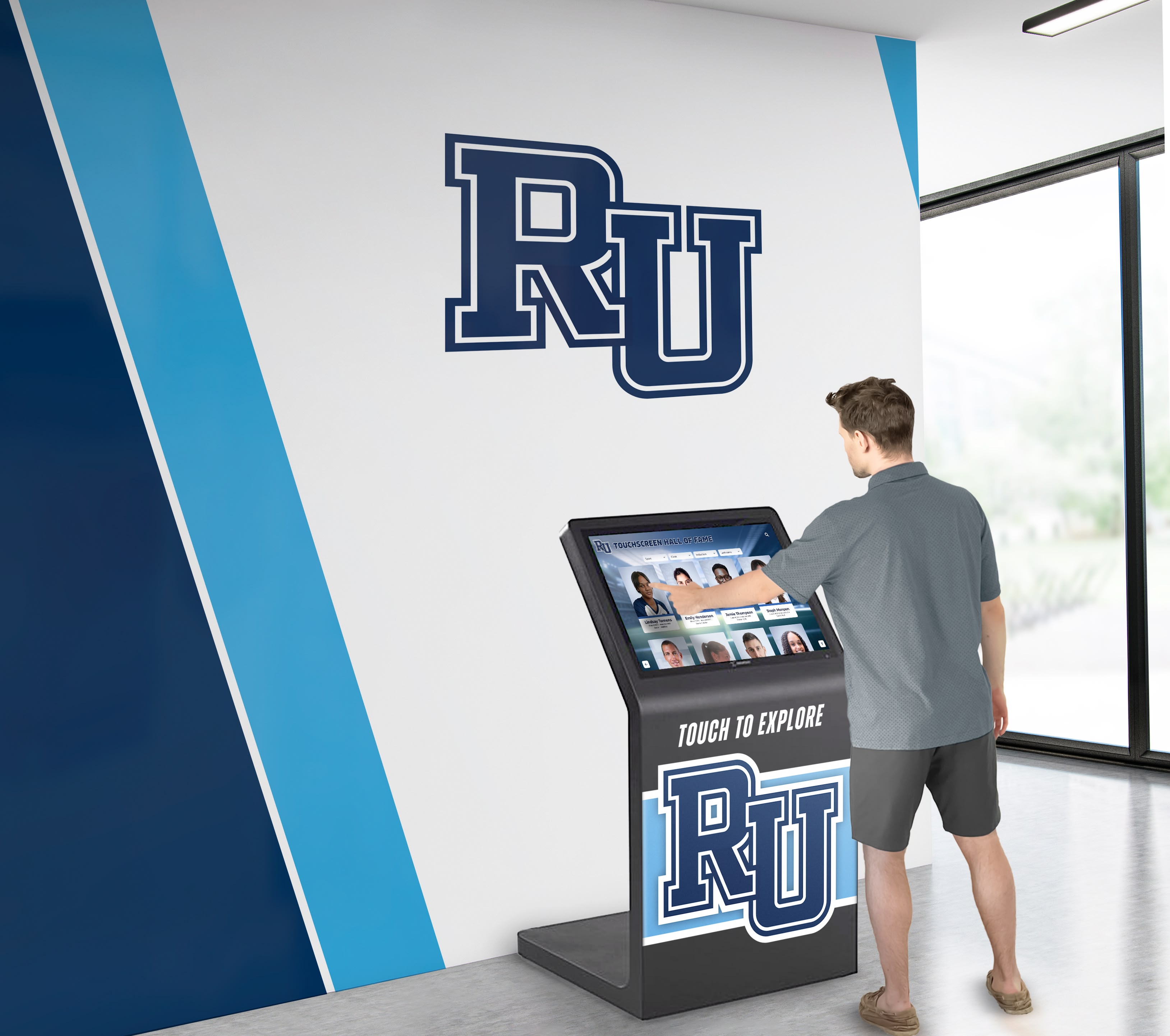 Person using professional touchscreen kiosk in school lobby Professional recognition display