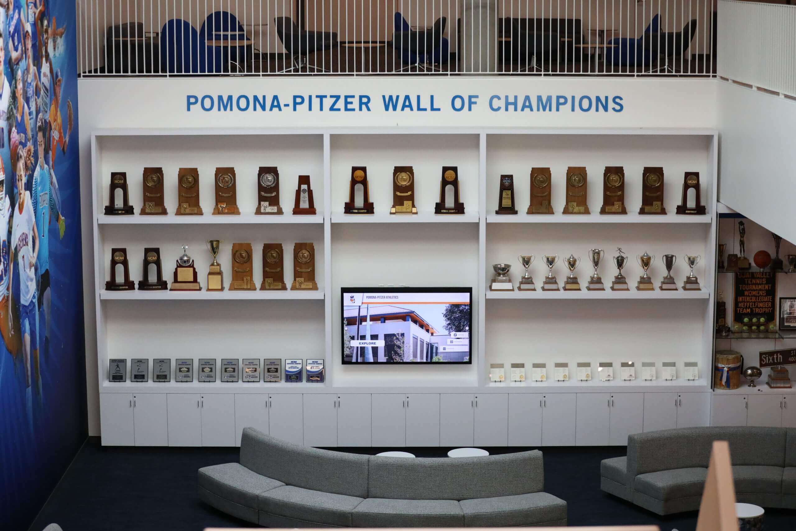 Trophy display lounge with championship recognition