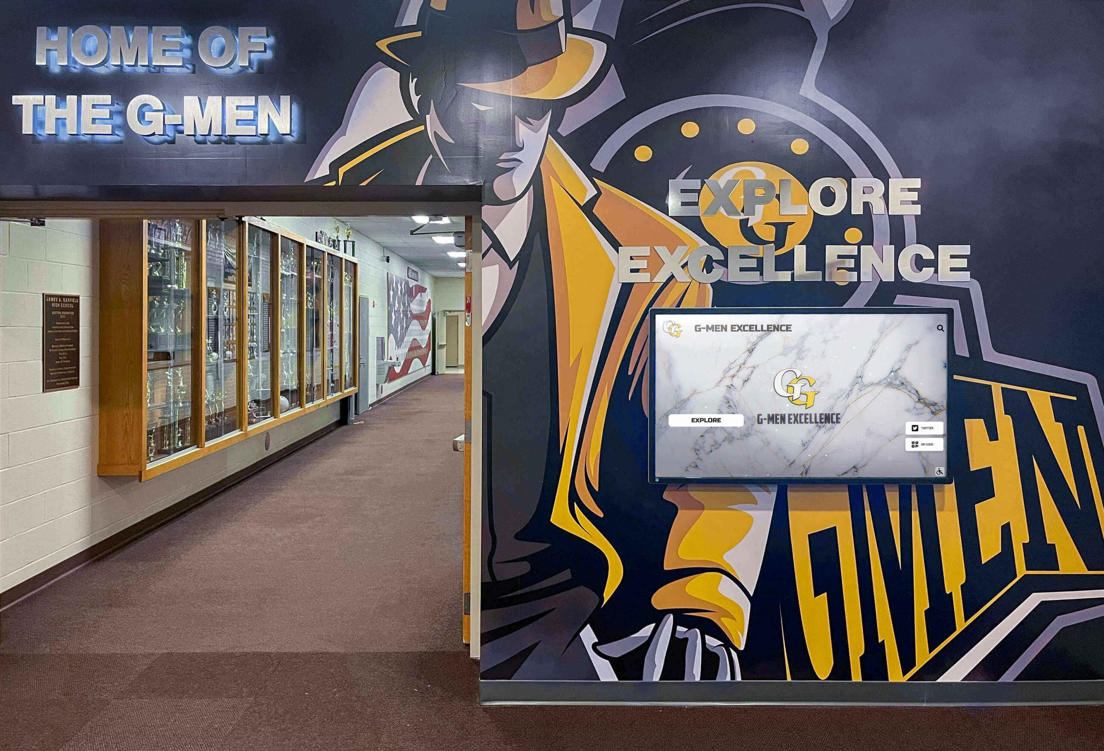 Digital display integrated with traditional trophy cases School hallway recognition display